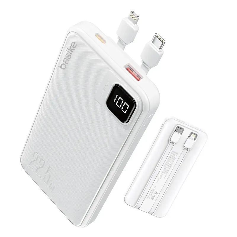 Power Bank Basike 10000mAh Branco, Carga Rápida 22.5W para iPhone e Samsung, com Cabos Embutidos e Display