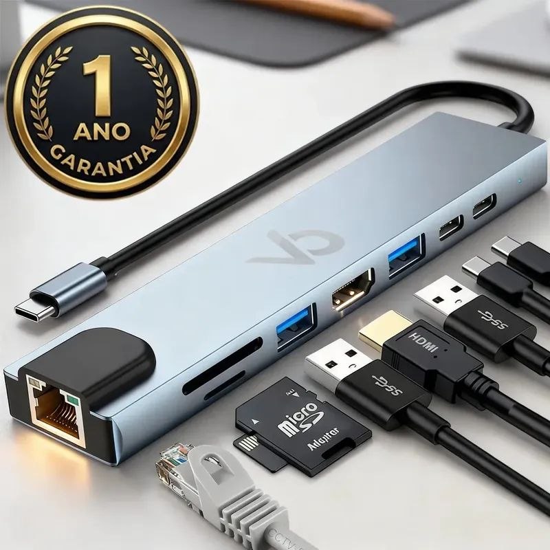 Adaptador Hub USB com 8 Portas RJ45 HDMI USB 3.0 e 2.0 Tipo C Micro SD Cartão Ethernet Cabo Thunderbolt Dock Station Dex MacBook Air M1 M2 iPad Type C Tablet Computador PC Notebook Extensor Voxo