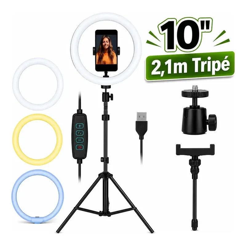 Anel de Led Ring Light 10" com Tripé 2,10m – Profissional Video Maker, Suporte Celular, 3 Cores de Iluminação (Black Raipe)